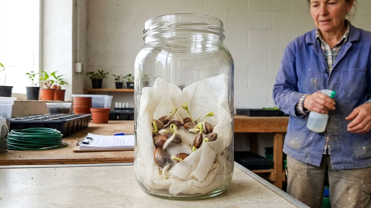Pine seeds germinating in a sealed container on moist paper towel with roots and young green sprouts