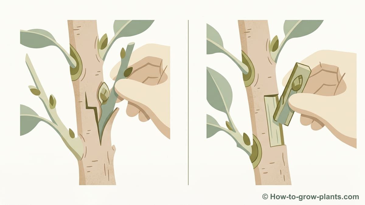 Illustration : Étapes détaillées pour les techniques de greffe en écusson et en placage.