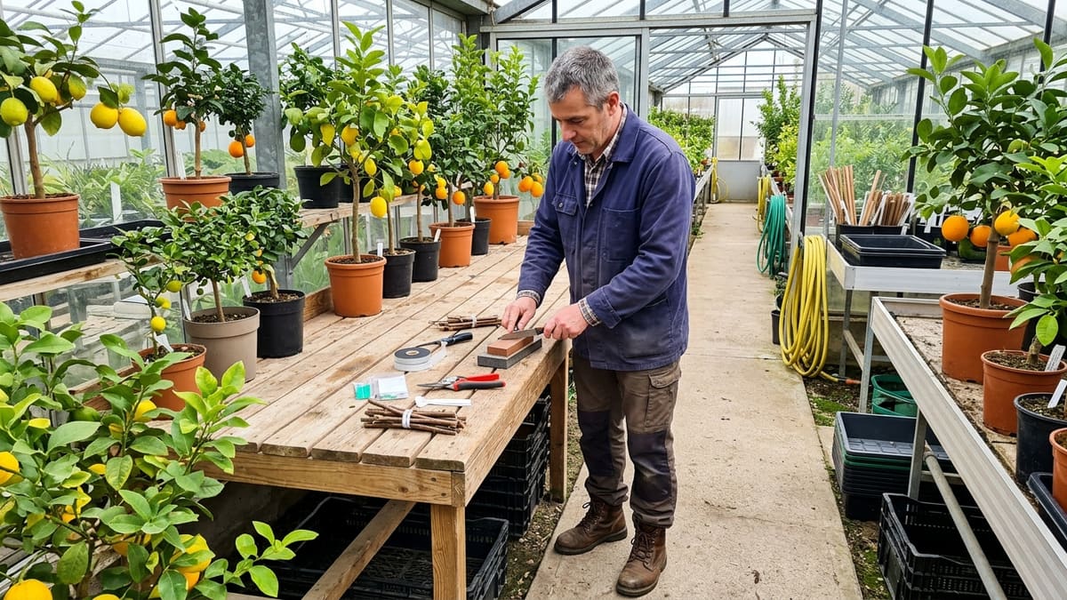 Un jardinier préparant ses outils de greffe d'agrumes, incluant un couteau à greffer et un sécateur, sur une table en bois dans une serre lumineuse