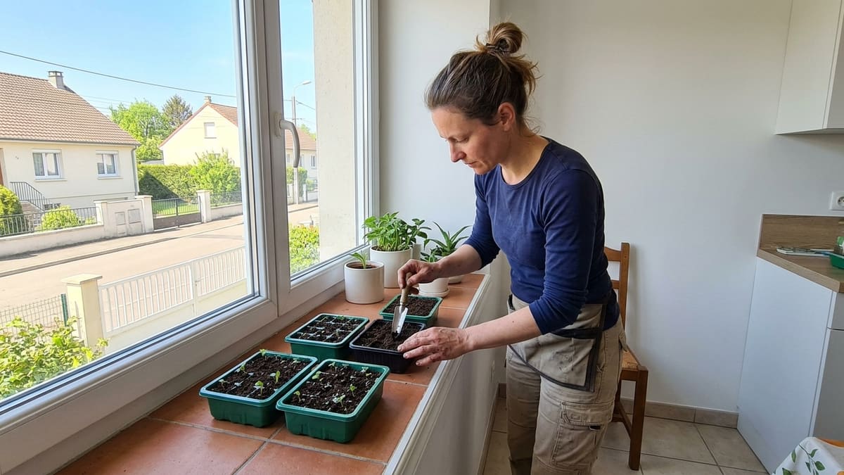 Semis de graines de fraises en intérieur sur un rebord de fenêtre ensoleillé