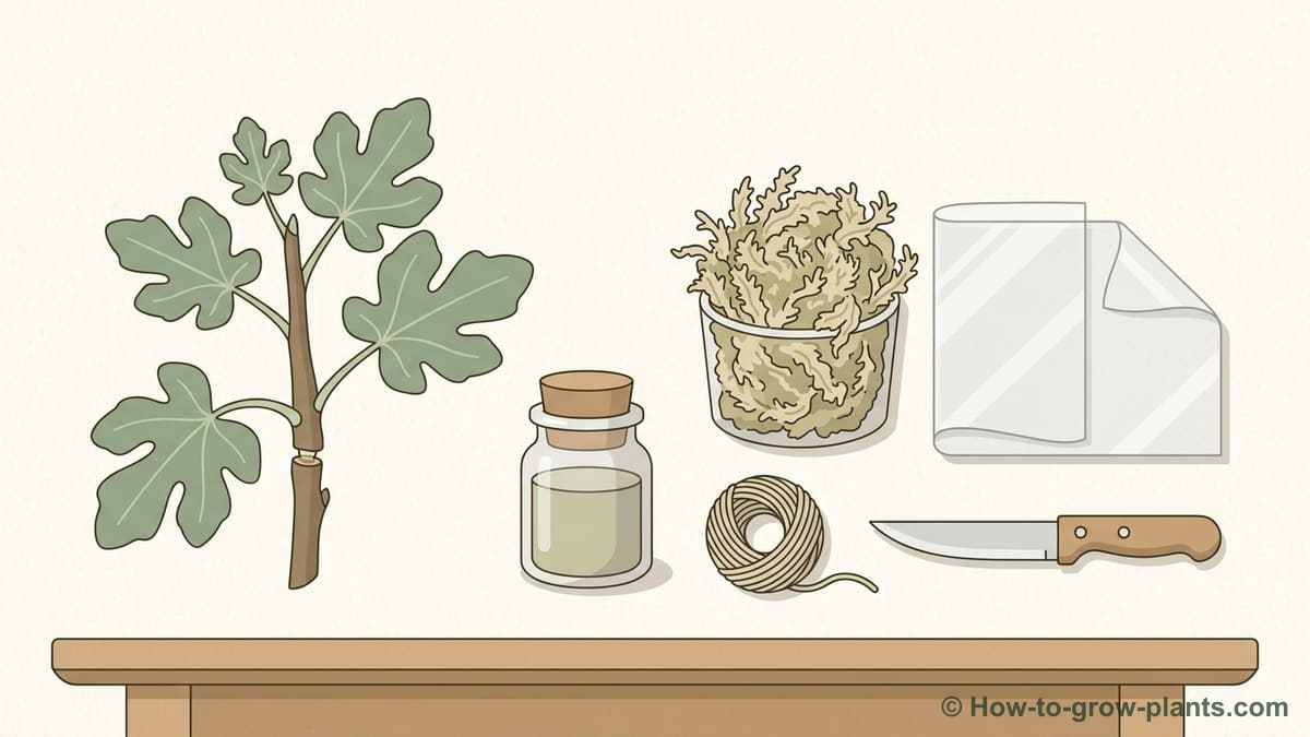 Illustration: Essential tools for fig tree air layering Illustration: What equipment is needed to perform air layering on a fig tree?