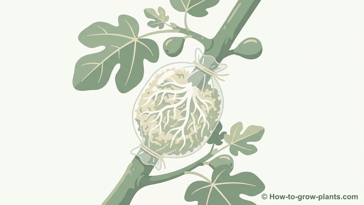 Illustration: Identifying a ready fig tree air layer Illustration: How to know when the air layer is sufficiently rooted and ready to be separated from the mother plant?